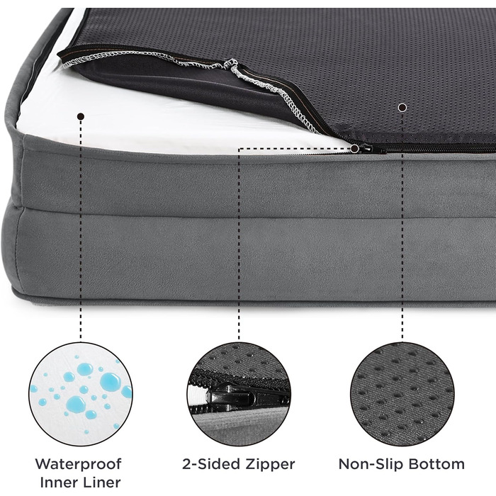 Ортопедичне ліжко для собак BEDSURE - 89x63 см. Зручне ліжко-софа для собак середніх порід, з ергономним наповнювачем, сірого кольору. Легко миється, не ковзає. Розміри: 89 x 63 x 17 см.