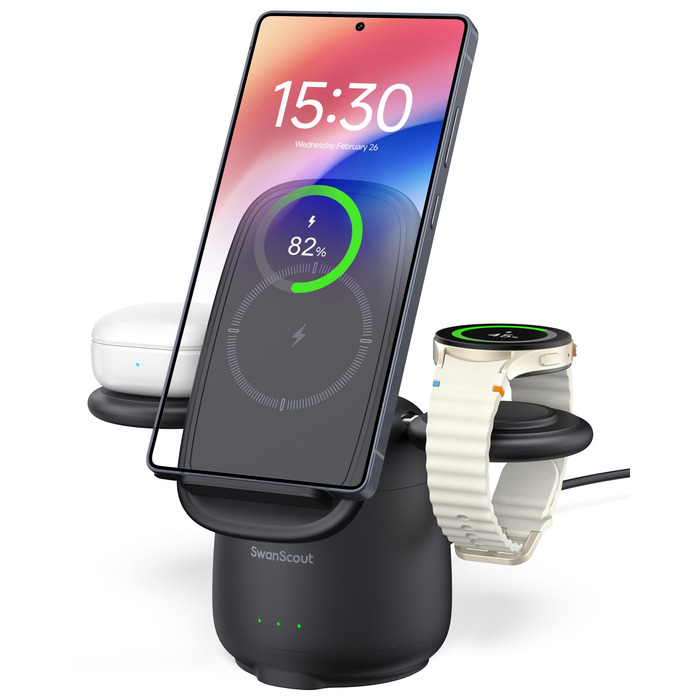 Бездротова зарядка SwanScout 3-в-1 для Samsung S25 Ultra, S24, S23, Z Flip 7, Z Fold 7, Galaxy Watch 8/Ultra/7/6/5/Buds, білий (чорний)