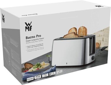 Тостер WMF Bueno Pro з довгим прорізом для 4 скибок, з насадкою для булочок, XXL тост, функція підсмажування, 6 режимів, 1550Вт, матова нержавіюча сталь