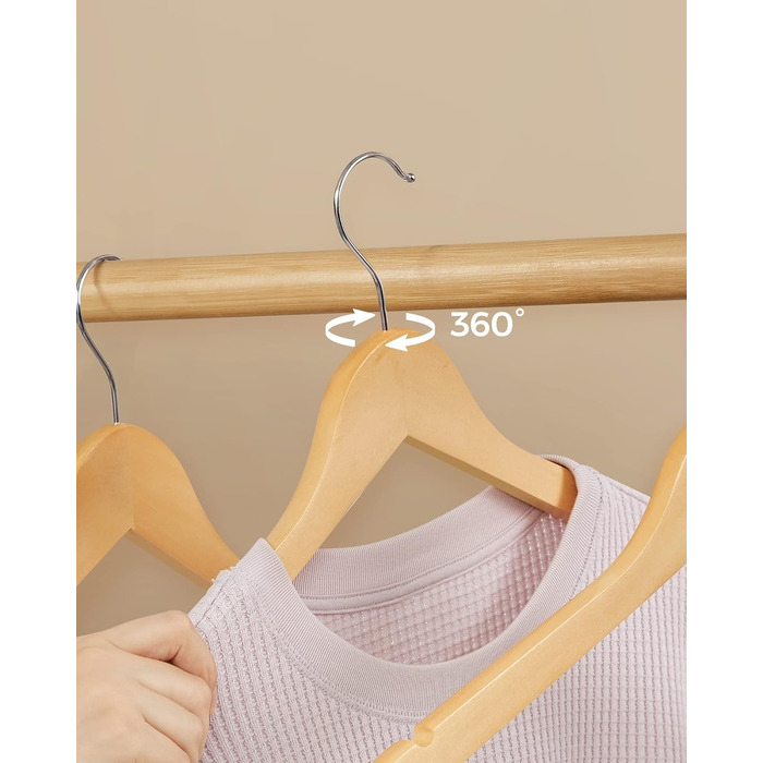 SONGMICS Wooden Clothes Hangers, 30-Piece Set, Solid Wood Hangers, Shoulder Indentations, Non-Slip Trouser Bar, 360° Swivel Hook, for Suits, Shirts, Natural Wood-Silver, CRW031NL