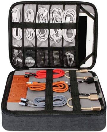 Органайзер для кабелів - сумка-органайзер для подорожей, аксесуари для електроніки, кейс для кабелів (28.5 x 23 x 6 см, чорний)