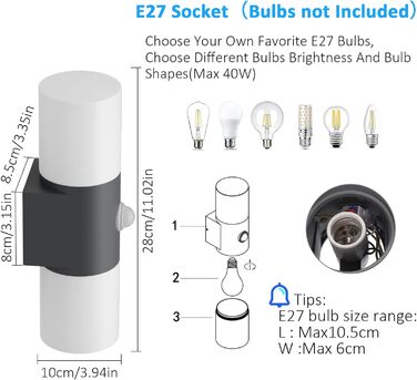 Klighten Wall Lights E27 Outdoor/Indoor, 2-Light Up and Down Outdoor Lamp, Outdoor Light Fixture, IP54 Outdoor Lamp, Aluminum Modern Outdoor Wall Lamp, Wall Lamp for Entrance Terrace, without Bulb (Dark Grey, with Motion Sensor)