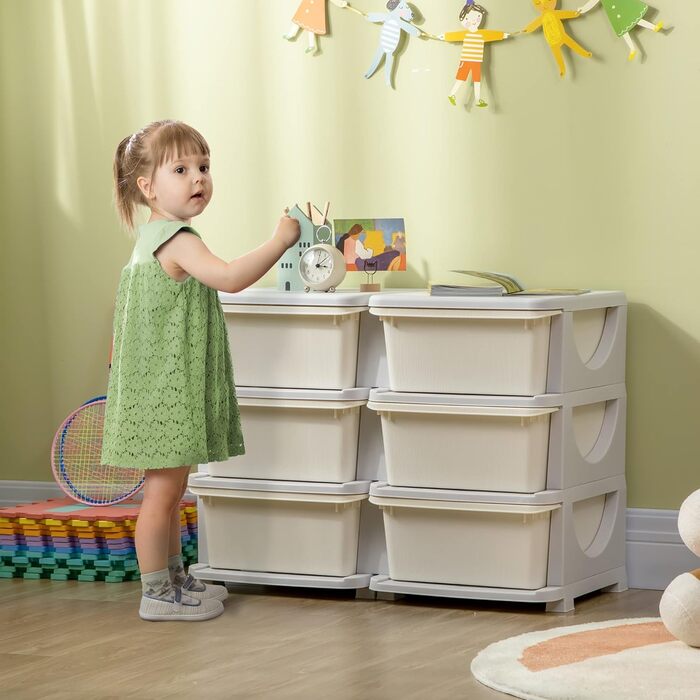 HOMCOM Kids' Chest of Drawers with Storage Boxes, Toy Organizer, Toy Box, Three Tiers for Kids' Rooms, 3-6 Years, Children's Furniture, 37 x 37 x 56.5 cm (75L x 37W x 56.5H cm, Cream White)