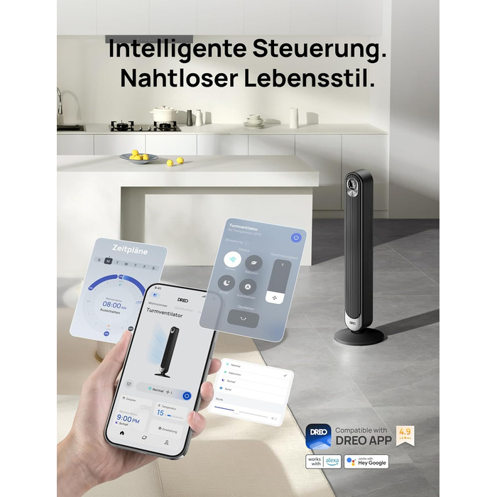 Дрео розумний вентилятор з мотором DC 20dB, 11 м дальность, з пультом керування, 9 режимів, 4 моди, 90° осциляція, голосове керування, таймер 12H, Wi-Fi, для спальні