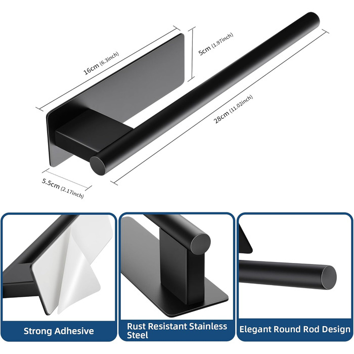 Тримач для рушників на клейкій основі без свердління, 28 см, нержавіюча сталь, срібляний (чорний, одноручний)