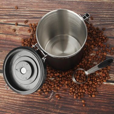 Герметична кавова банка 1,8 л з нержавіючої сталі з датою та ложкою, для кави, чаю, горіхів, какао (чорна)