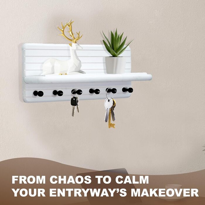 Дерев'яне ключниця з полицею та 6 гачками, ключниця на стіну для прихожого, коридору, кухні (білий)