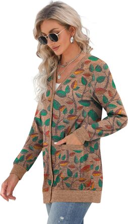 Жіночий трикотажний кардиган Grecerelle з довгими рукавами, V-подібним вирізом, з кишенями та ґудзиками, осінь, колір 'Коричневе листя'