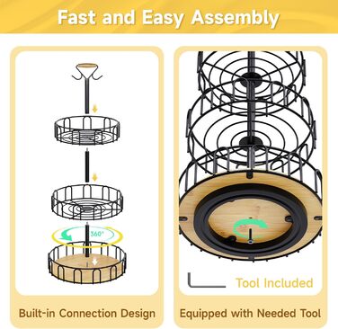 Організатор для фруктів та овочів PouHenier з 3 ярусами та 2 гачками, чорний