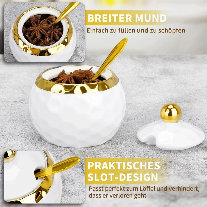 Керамічні солянки та цукерниці з кришкою та ложкою, зелений малюнок мармуру (білий)