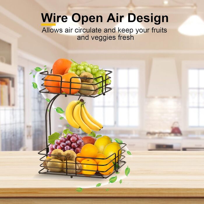 Металева фруктова корзина Bomclap на 2 яруси з тримачем для бананів - для кухні, бронзового кольору