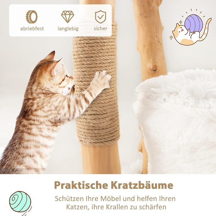 Кігтеточка для котів COSTWAY 124 см з будиночком, платформою та джутовими стовпчиками, з масиву дерева, біла