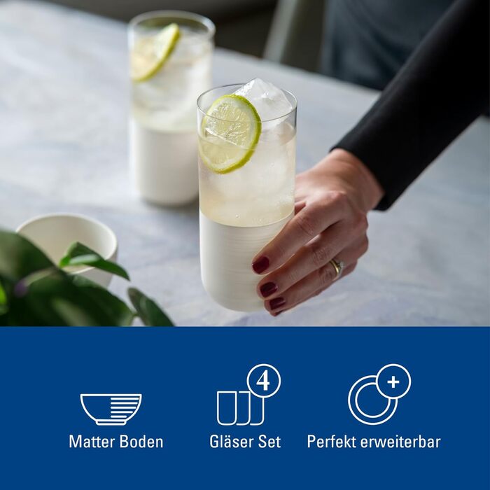 Villeroy & Boch Rock Blanc Long Drink Glasses Set - 4 Piece Cocktail & Mocktail Glasses, 300ml Crystal Glass - Matte White Slate Look