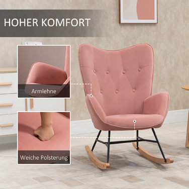 Крісло-качалка HOMCOM для спальні та вітальні, з високою спинкою, сталевим каркасом, оксамитовим поліестером, деревиною гевеї, 84x70x96 см, Рожевий