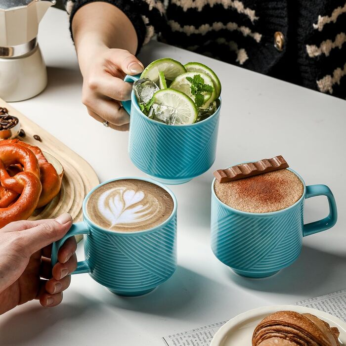Набір кавових чашок з підставкою: керамічні чашки для лате/капучино, 370 мл, 4 шт. (Турквіс/Ausflug)