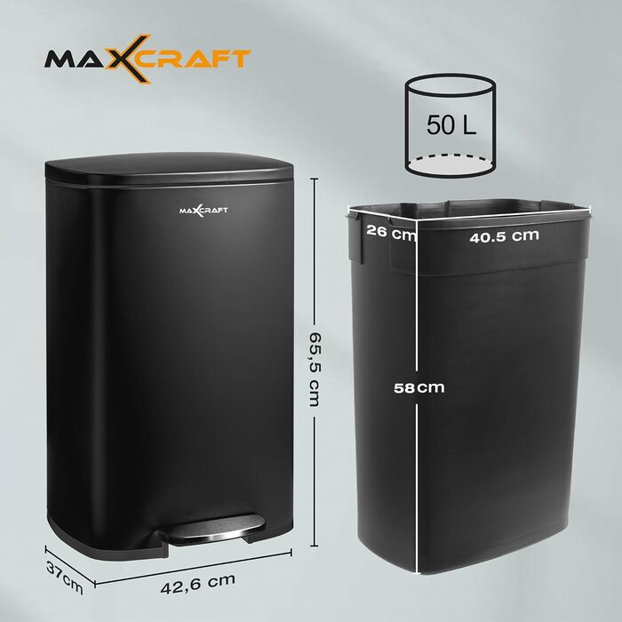Степле́р для смі́ття 50 літрів зі сталі з внутрішнім відром з пластику - з м'яким закриттям кришки, для кухні, ванної кімнати або офісу - чорного кольору