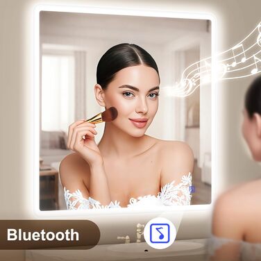 Дзеркало для ванної кімнати Starlead з підсвічуванням 100x70 см, Bluetooth, антизапітніння, регулювання яскравості, 3 кольори світла, функція пам'яті, IP44, LED, горизонтальне/вертикальне, HD скло, Madrid Silver (Bluetooth)