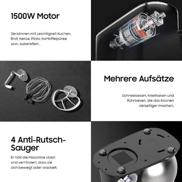 Кухонна машина з чашею 6л з нержавіючої сталі, міксер для тіста з Flexi-мішалкою, гаком для тіста та вінчиком, 6 швидкостей, 1500 Вт