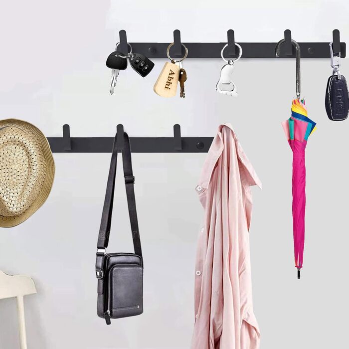 Coat Hooks, Wall Mount, Wall Coat Hooks, 5 Hooks, Black, Closet Hooks, Hat Shelf, Key Hooks for Wall, Jacket Holder Wall, Entryway Hooks Wall Mount, Clothes Rail (2 pieces)