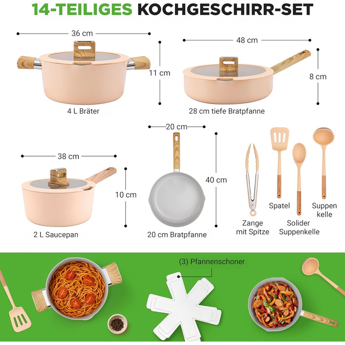 Набір посуду NutriChef Topfset 14 предметів для індукції, рожевий – керамічне антипригарне покриття, знімні ручки, скляні кришки