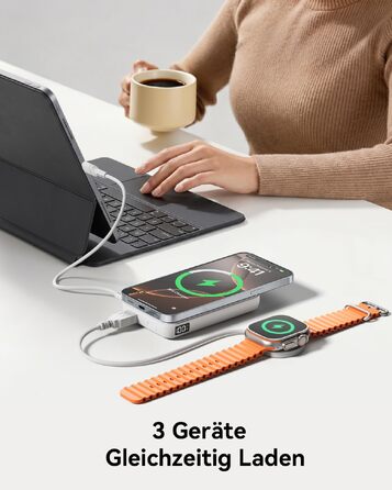 Магнітний Power Bank для MagSafe 12000mAh 22.5W з PD, LED-дисплеєм та USB-C для iPhone 17/16/15/14/13/12 Pro Max, білий