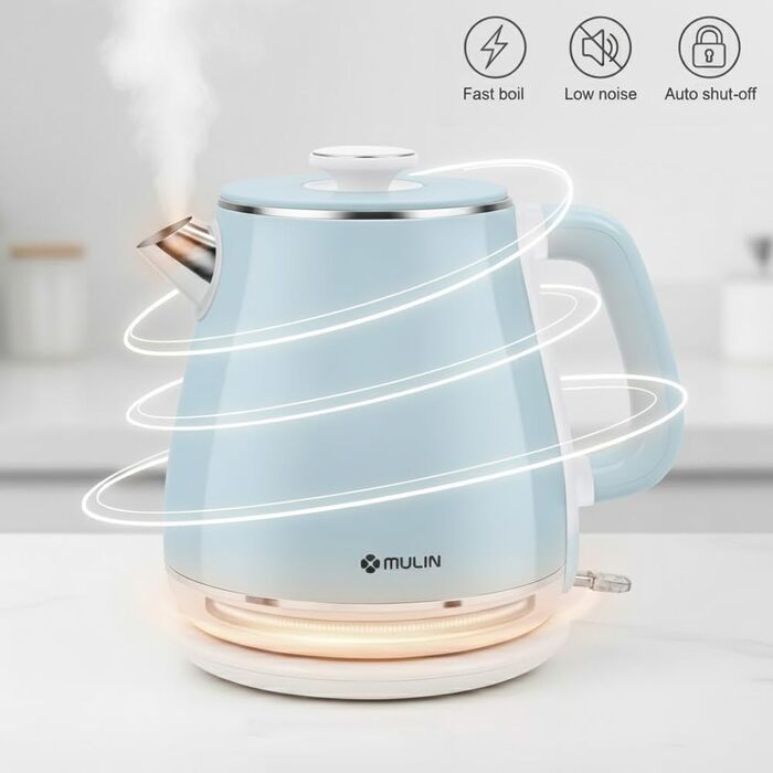 Електричний чайник MULIN Retro, 1.8 л, 2200 Вт, з поворотним підставою 360°, швидке кип'ятіння, автоматичне вимкнення (Блакитний)