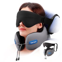 Подушка для шиї в літак Travel Pillow, подушка для подорожей з ременем та 3D-маскою для сну, Memory Foam, сіра