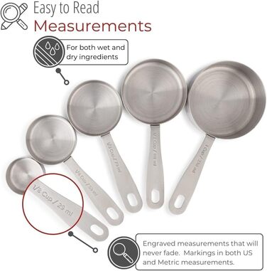 Stainless Steel Measuring Cups – 5-Piece Durable Measuring Cup Set for Dry Ingredients, Spices, or Liquids