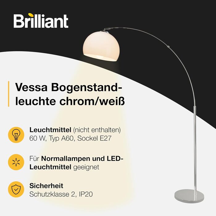 Торшер Brilliant Vessa Bogen, 1.7м, хром/білий, 166x27 см - стильний освітлювальний прилад