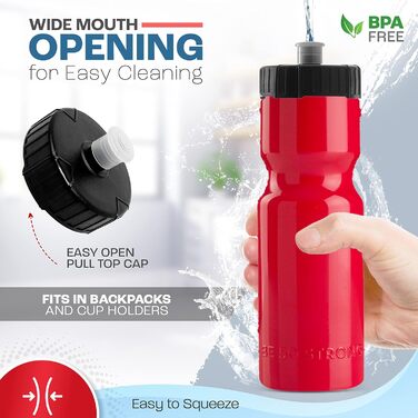 50 Strong Sport Squeeze Water Bottles - Set of 6 - Team Pack 22 oz BPA Free Bottle Easy Open Push/Pull Cap - Multiple Colors Available (Red)