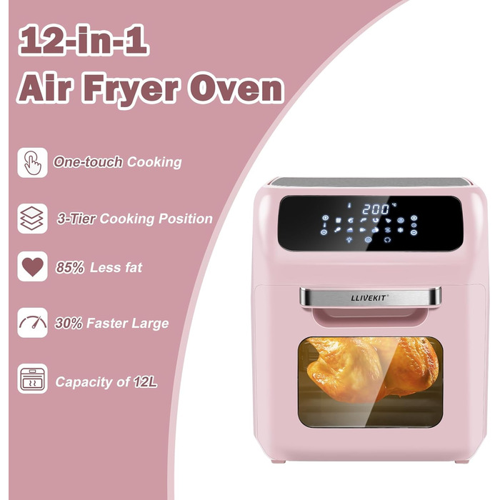 LLIVEKIT Convection Oven 12 L, 12-in-1 Digital Air Fryer for Family, 360° Hot Air Circulation, Mini Oven, Oil-Free Dehydrator, 90 Min. Timer, Cookbook & 6 Accessories, 1800 W 12L Pink