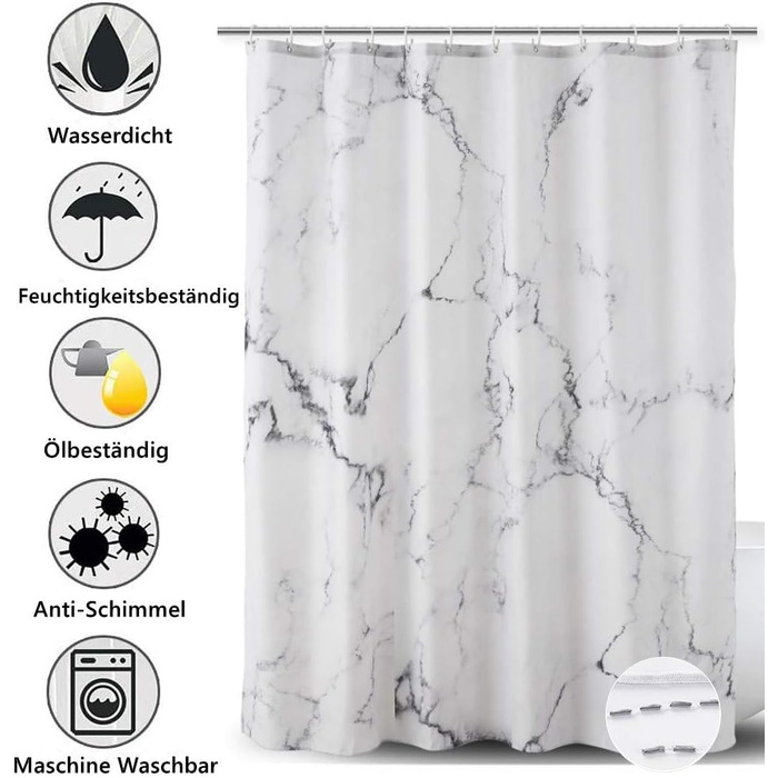 Тканинна штора для душу | Водостійка штора з посиленим краєм | Тканинна штора для душу, яку можна прати, розмір 150 см x 180 см | Поліестер, мармур, 180 x 150 см (1 шт.)