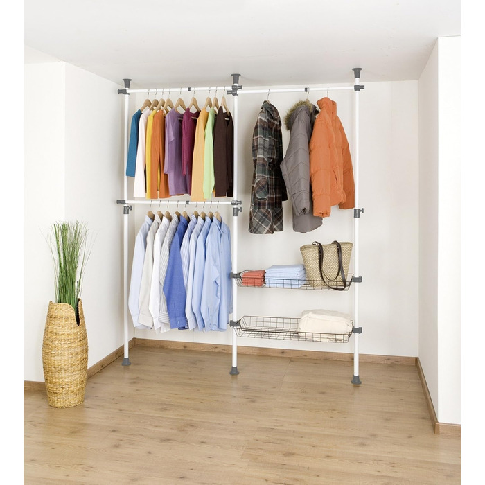 WENKO 6200050100 Telescopic Wardrobe System Hercules - adjustable organization system, steel, 164-215 x 141-250 x 38 cm, White