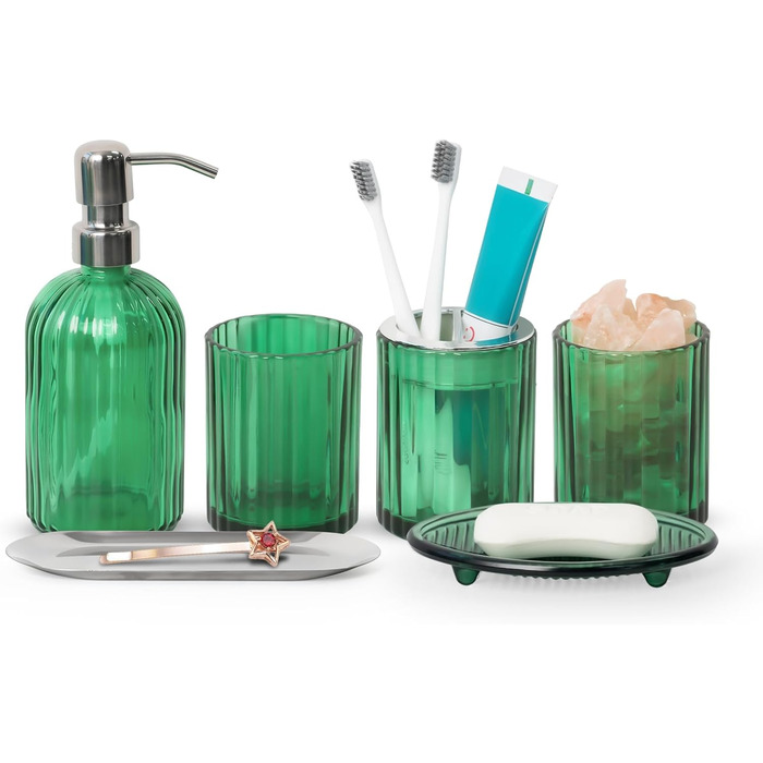 Umimile Bathroom Accessories Set, 6-Piece, Green Glass, Complete Toothbrush Holder, Cup, Lotion Dispenser, Soap Dish, Vanity Tray, Aromatherapy Cup for Apartment, Bathroom Decor