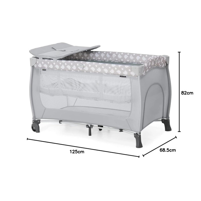 Hauck Travel Crib Sleep N Play Center with Newborn Nest, Changing Pad, Carry Bag, Wheels, Canopy, Compact Folding, Baby Travel Bed for Infants from Birth up to 15 kg (Teddy Grey)