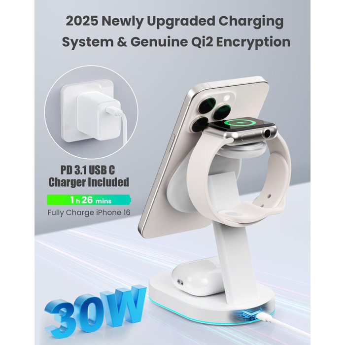 Бездротова зарядка 3-в-1 з MagSafe, USB-C та нічним світлом для iPhone 16/15/14/13/12, Apple Watch та AirPods (біла)