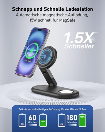 Зарядна станція 3-в-1 для Apple Watch та iPhone з MagSafe, сумісна з iPhone 17, 16, 15, 14, 13, 12, AirPods Pro (білий/чорний)