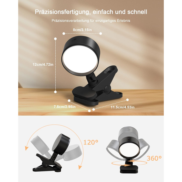 Нічник на ліжко акумуляторний бездротовий з USB-C, 5000mAh, з кліпсою, димуючий сенсорний пульт, 3 кольори, поворотний на 360°, для спальні, кемпінгу, чорний