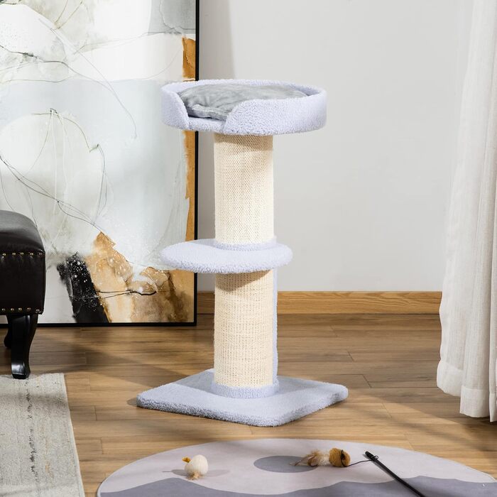 PawHut Cat Tree Small 91 cm Cat Tree with Cat Bed, Cat Scratching Post Play Tree Scratching Post with Platform for Cats up to 5 kg Sisal Lambswool Light Blue