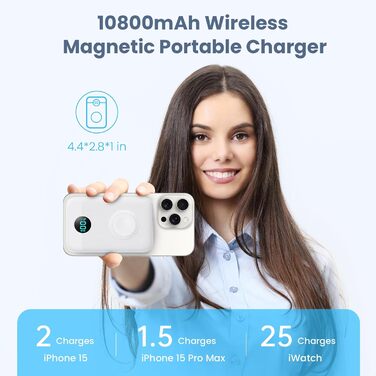 Power Bank Магнітний 10800mAh з підтримкою MagSafe, 4-в-1 з зарядкою для Apple Watch, QC4.0+PD 22.5W USB-C, LED-дисплей, для iPhone 15/14/13/12 Series, білий