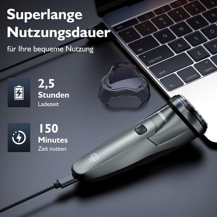 Електричний чоловічий бритва: бездротовий ротаційний бритва з LED-дисплеєм, IPX7, вологостійкий (сріблястий) H9