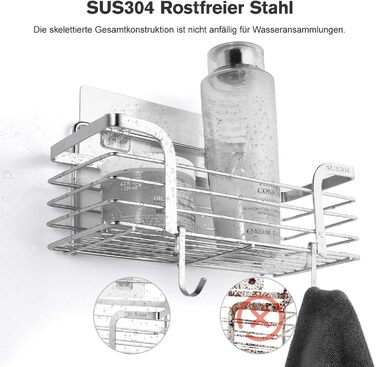 Поличка для душу Carehabi без свердління, 2 шт. Органайзер для ванної кімнати, полиця для душу з нержавіючої сталі з 4 гачками для шампуню та гелю для душу