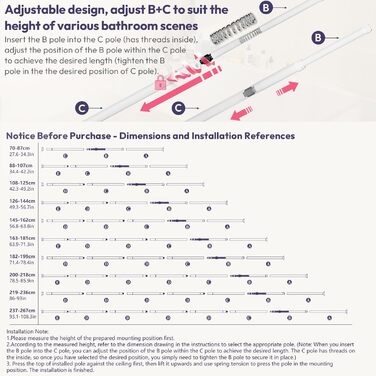 Поличка для душу SWTYMIKI телескопічна, кутова, з мильничкою та тримачем для зубних щіток, 4 гачки, регульована, не потребує свердління, нержавіюча сталь, 70-275 см, білий
