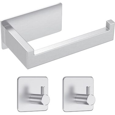 Тримач для туалетного паперу без свердління, самоклеючий диспенсер із нержавіючої сталі для ванної кімнати, сріблястий (набір з 2 гачками)