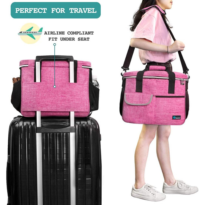 PetAmi Сумка-органайзер для собак та котів, дорожня сумка з контейнером для корму та мисками, аксесуари для подорожей, сумка для переодягання для собак/кішок (Рожева, середня)