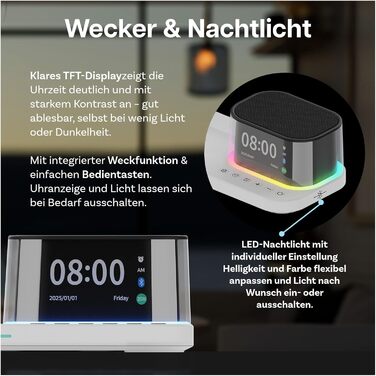 Бездротова зарядна станція 5-в-1 MMOBIEL MagSafe Qi2.2 25W з годинником, Bluetooth-колонкою та нічником LED (біла) для iPhone, Apple Watch, AirPods