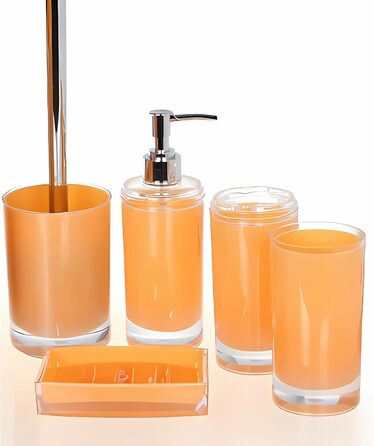 Acrylic Bathroom Accessories Set, Lotion/Soap Dispenser, Soap Dish, Toothbrush Holder, Tumbler, Toilet Brush and Holder, Modern Bathroom Decor and Housewarming Gift Set, Orange, 5-Piece
