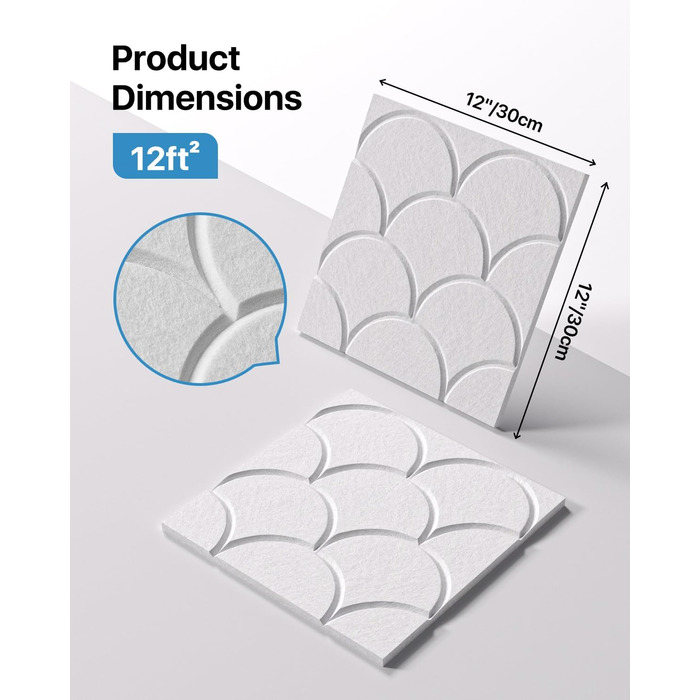 Акустичні панелі Soundsbay 12 шт., самоклейні звукопоглинаючі плити з поліестеру для шумоізоляції та декору стін, 30x30x0.9 см, білий колір