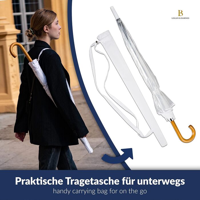 Logan & Barnes Transparent Wedding Umbrella - 120cm Diameter with Real Wood Handle - Elegant Large Umbrella for 2 People - Cardiff Model (XL, Transparent with White Trim)