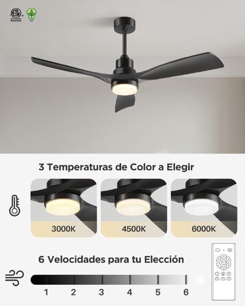 Стельовий вентилятор з LED-освітленням та пультом керування, 132 см, DC-мотор, 6 швидкостей, таймер, чорний